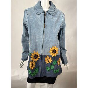 The Quacker Factory Womens Medium Blue Leather Jacket With Sunflower Embroidery
